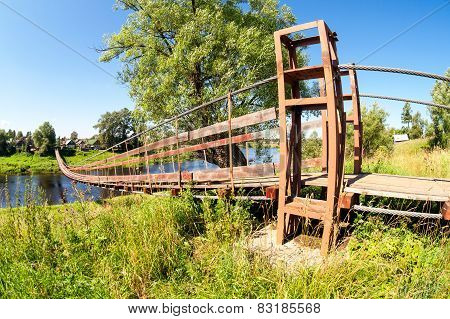Suspension Bridge Across The River Msta, Novgorod Region, Russia