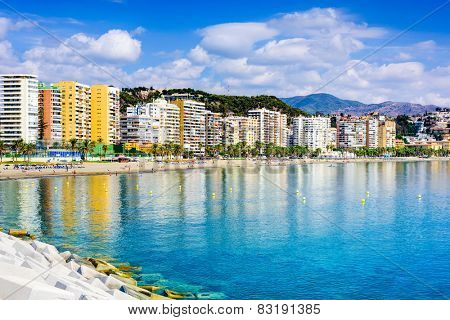 Malaga, Spain resort skyline at Malagueta Beach.