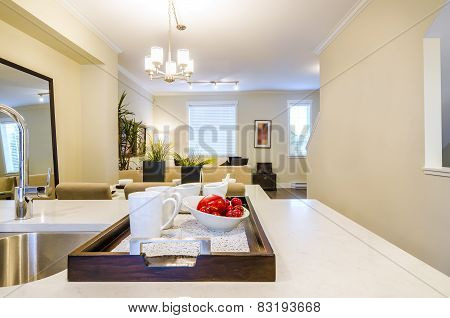 Kitchen serving tray with living room in the background