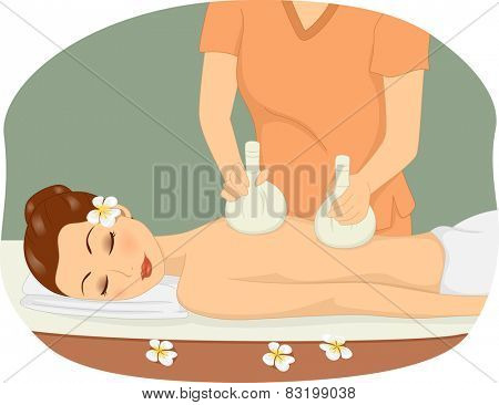 Illustration of Girl Lying on a Spa Bed While Being Treated With a Poultice