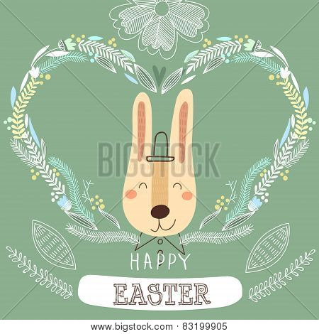 Funniest Easter Card In Vector. Cute Rabbit Hipster In Cartoon Style
