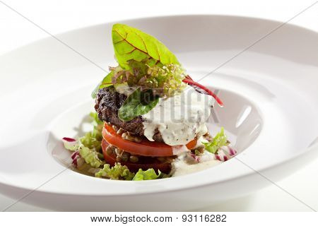 Beef Steak with Tomato, Beans and Dorblu Sauce