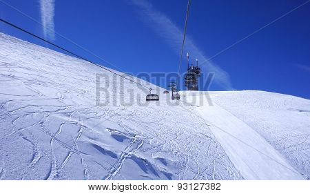 Landscape Of Suspended Ski Cable Car At Snow Mountains Titlis