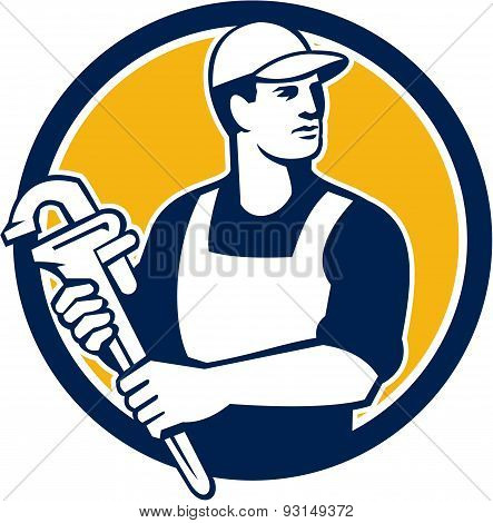 Plumber Wielding Monkey Wrench Circle Retro