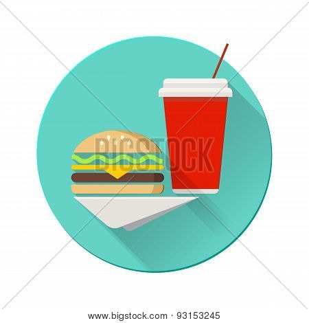 Cheeseburger with plastic cup on a napkin. Flat design vector il
