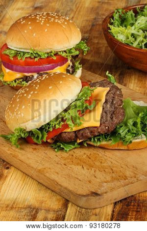 Cheeseburger on a wooden background