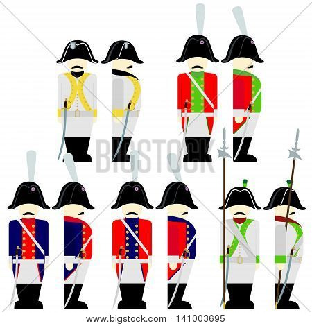 Soldiers of the army of Saxony in uniforms and weapons were used in the 1812 war. The illustration on a white background.