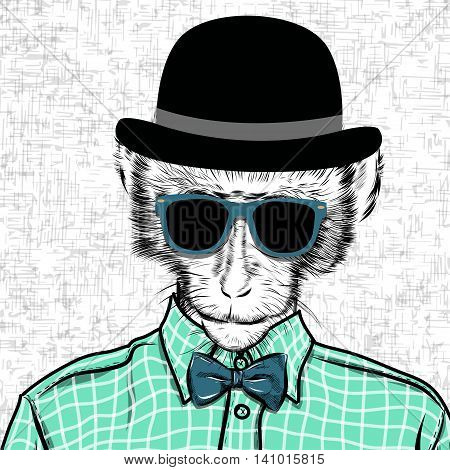 Macaque monkey hipster in a shirt , poster hand drawn illustration vector. EPS