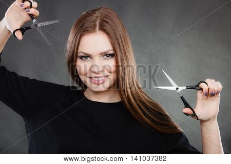 Professional Elegant Female Barber With Scissors.