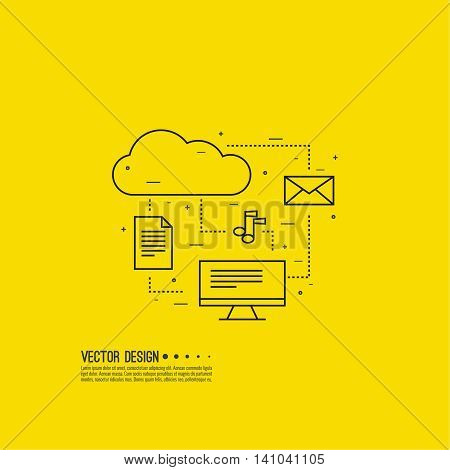 Network cloud computing. Web hosting and cloud technology. Database protection security. Global data transfer and storage  server. Communication technologies connecting different devices.
