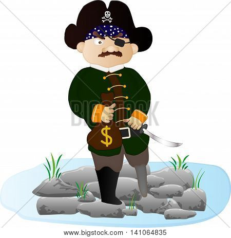 Cartoon pirate with a bag of gold