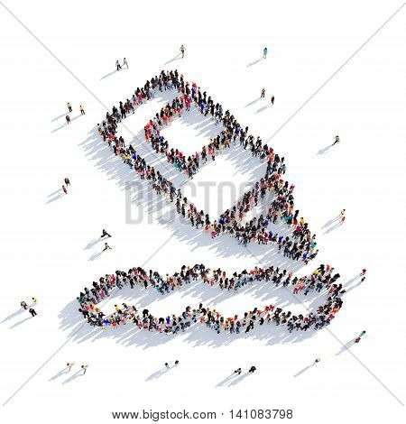 Large and creative group of people gathered together in the shape of a sauce, ketchup. 3D illustration, isolated against a white background. 3D-rendering.