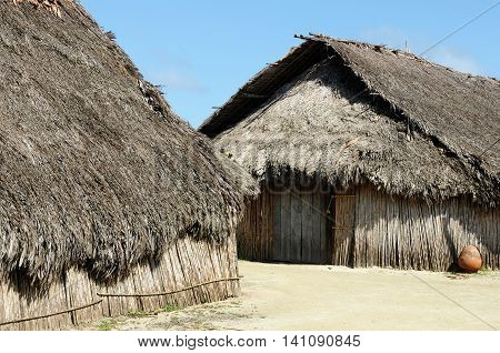 Central America Panama Traditional house kuna indians with the roof thatched on a Caledonia island on the San Blas archipelago