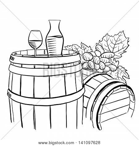Grapes Carafe and Glass of Vine on Wooden Barrel Hand drawn Vector Artwork