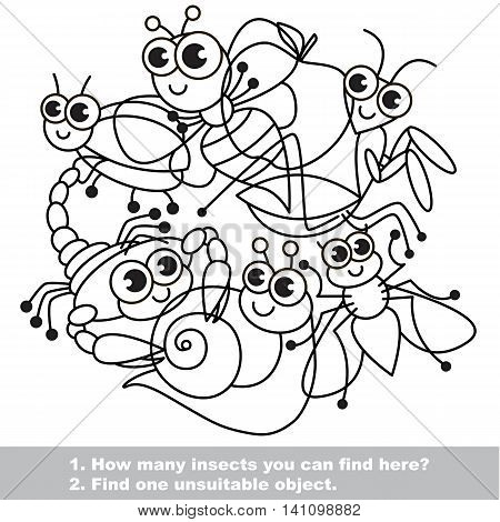Cute insects. The simple mishmash set in vector outlined to be colored. Find all hidden objects on the picture. Visual game for children. The easy level.