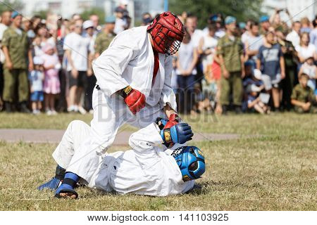 Ulyanovsk Russia - July 31 2016: Airborne soldiers demonstrate mastery of martial arts during the celebration of the Airborne Forces