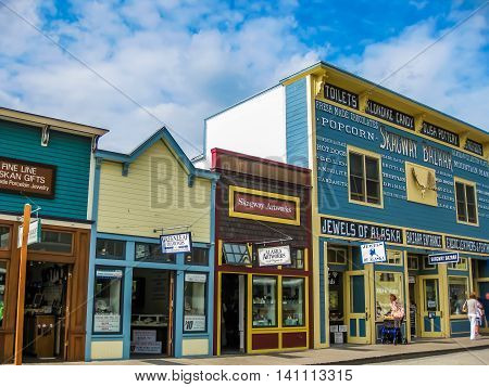 Skagway, Alaska, United States - August 7, 2009: Klondike Gold Rush National Historic Park. Historic buildings are interspersed with new modern buildings. Its streets seem to come from in another age.
