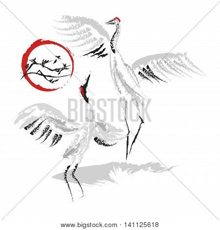 stylized dancing Japanese cranes on the background the red sun and mountains