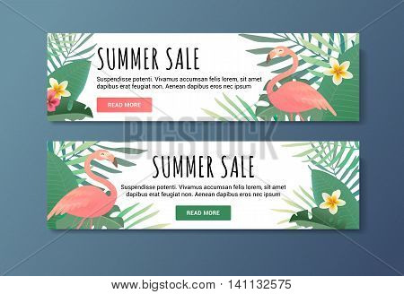 Bright banner with flamingos. Sale banner for web the shop. Vector illyustration. The flyer can be used for a beauty salon, a clothing store, cosmetics.