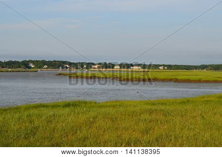 Scenic Duxbury Bay in Massachusetts with marsh grass.