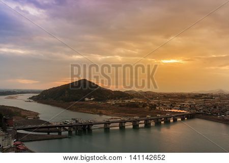 Landscape Of Inuyama City View With Mountain And Kiso River At Sunset