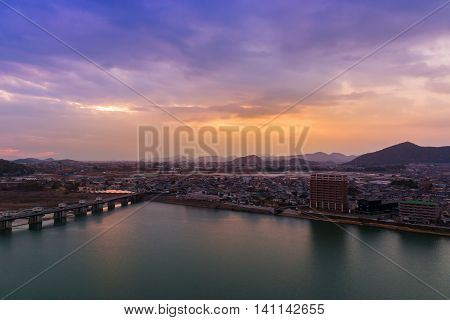 Landscape Of Inuyama City View With Mountain And Kiso River At Sunset