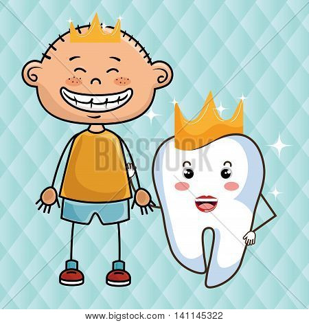 cartoon boy wearing colored clothes and a crownnext to a cartoon tooth over a blue background  vector illustration