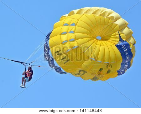 PUERTO VALLARTA MEXICO MAY 11 2016: Parasailing is one of the most thrilling and popular beach activities in Puerto Vallarta.