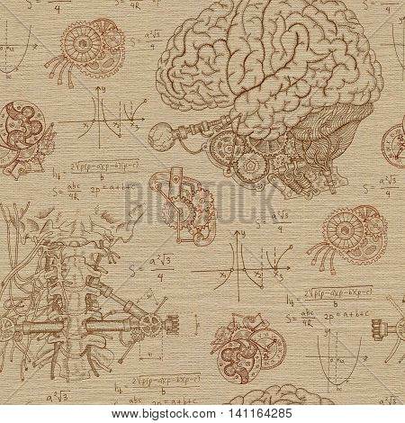 Vintage seamless background with human brain, throat and mechanisms. Hand drawn repeated illustration with body and mechanical parts