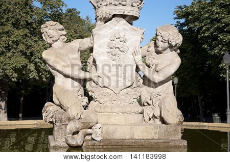 Detail of Artichoke Fountain in Retiro Park Madrid Spain. It was built in 1781 by the architect Ventura Rodriguez