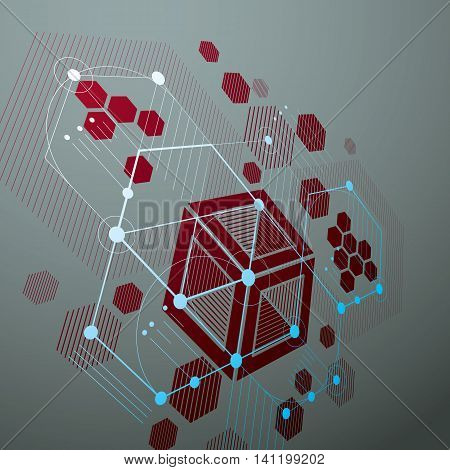 Bauhaus retro perspective red art vector background made using lines and honeycombs.