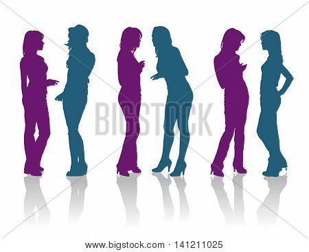 Detailed vector silhouettes of girlfriends talking to each other