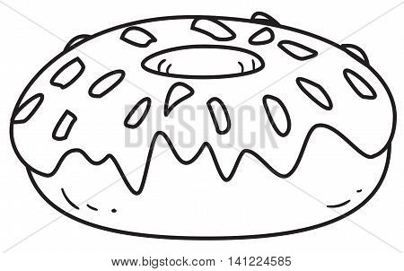 Vector illustration of a glazed donut in black and white outlined doodle style