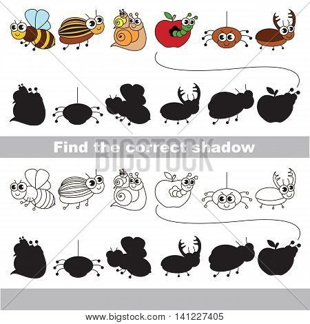 Set of funny small insects with shadows to find the correct one. Compare and connect objects and their true shadows. Easy educational kid gaming. Simple level of difficulty. Logic game for children.