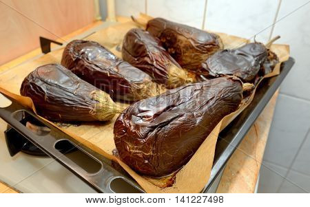 Roasted eggplants cooked in oven tray