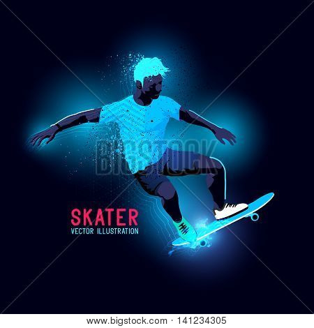 Neon glowing backlit silhouette of A skater riding a skateboard - vector illustration