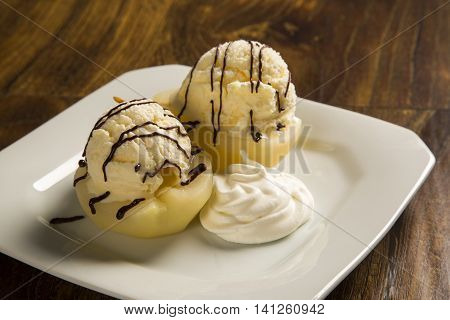 Dessert With Ice Cream And Poached Pears