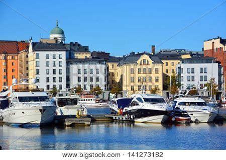 HELSINKI FINLAND 09 25 2015: Pohjoisranta is located in center and runs along northern harbor. On waterfront there are houses built in different architectural styles in different historical periods