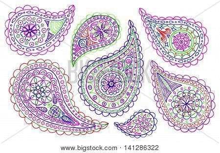Paisley buta colorful pattern set doodle vector