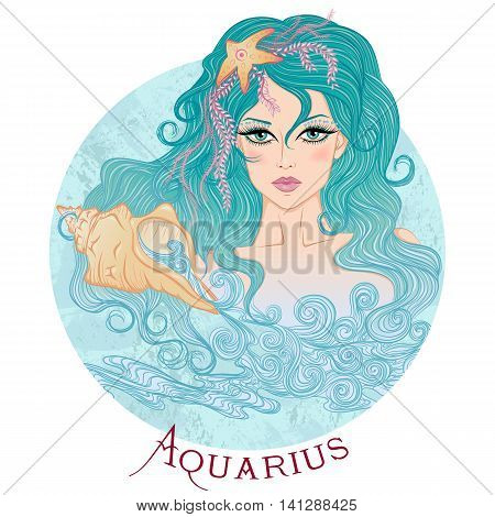 Zodiac. Vector illustration of the astrological sign of Aquarius as a beautiful girl with long hair. Round shape
