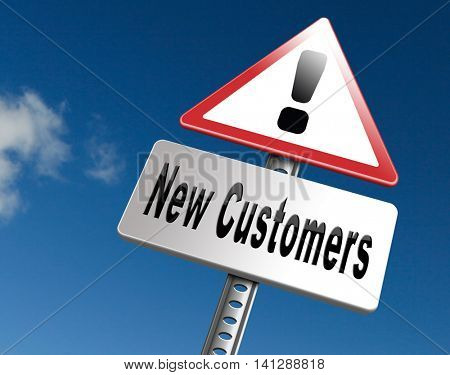 New customers attract buyers increase traffic by product marketing service and promotion study customer base and profile, road sign billboard. 3D illustration
