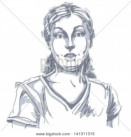 Portrait of skeptic or cynical woman dizzy girl. Black and white vector drawing.
