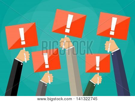 Five cartoon businessmens hands holding red sign boards with exclamation mark. Attention sign. Vector illustration in flat design on green background