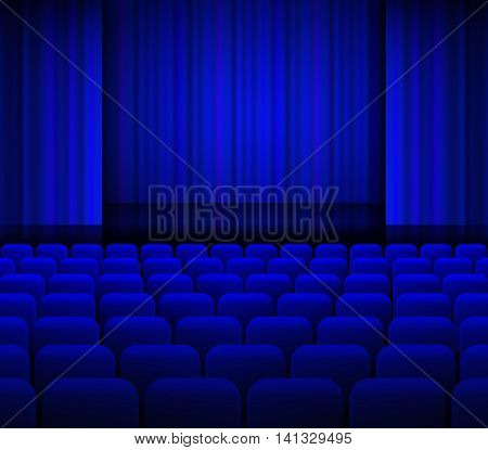Open theater blue curtains with light and seats. EPS 10 vector