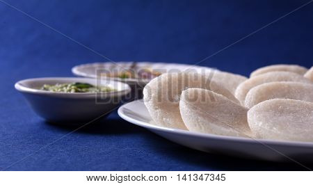 Idli With Sambar And Coconut Chutney On Blue Background, Indian Dish : South Indian Favourite Food R