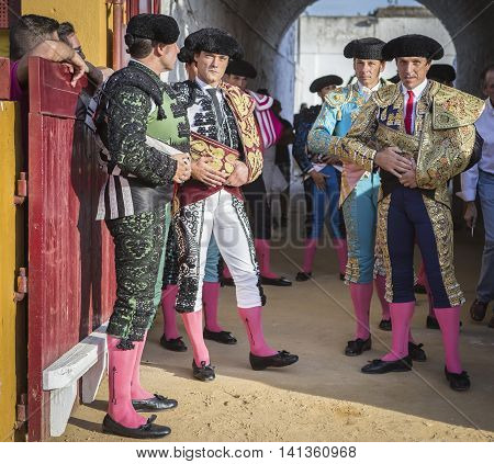 Andujar SPAIN - September 7 2014: Spanish bullfighters at the paseillo or initial parade in Andujar Jaen province Spain