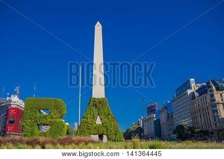 BUENOS AIRES, ARGENTINA - MAY 02, 2016: Historical monument of the city of buenos aires called: el obelisco, builded in 1936 commemorating the 400 years of fundation of the city.