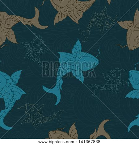 Koi chinese carp seamless pattern. Vector dark background with fish.