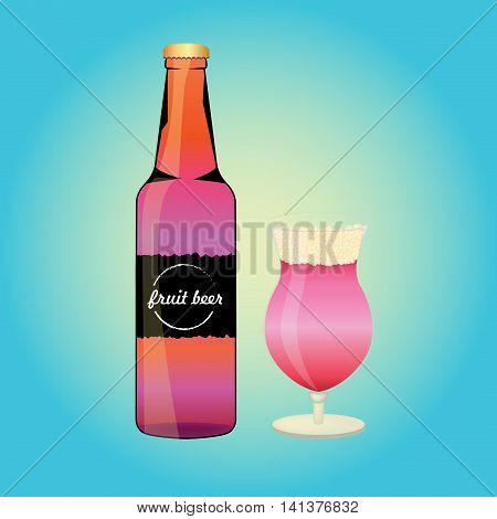 Bottle of the fruit beer with beer glass. Summer alcohol drink. Flat style design.
