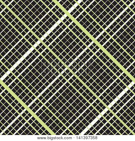 Intersecting diagonal lined seamless pattern. Repeating mesh texture with perpendicular crossing lines and stripes on dark background. Grid checkered vector illustration.